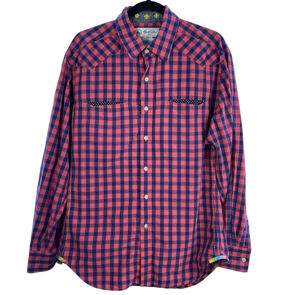 Robert Graham Shirt Mens Large Pink Blue Plaid Flip Cuff Classic Fit Button Up
